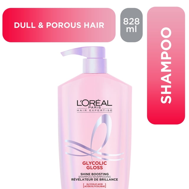 Glycolic Gloss Shampooing par L'Oréal Paris, Bouteille Pompe Rose de 828 ml pour Cheveux Ternes et Poreux, Enrichi d'Acide Glycolique pour Rehausser la Brillance et Restaurer la Brillance et la Douceur des Cheveux.