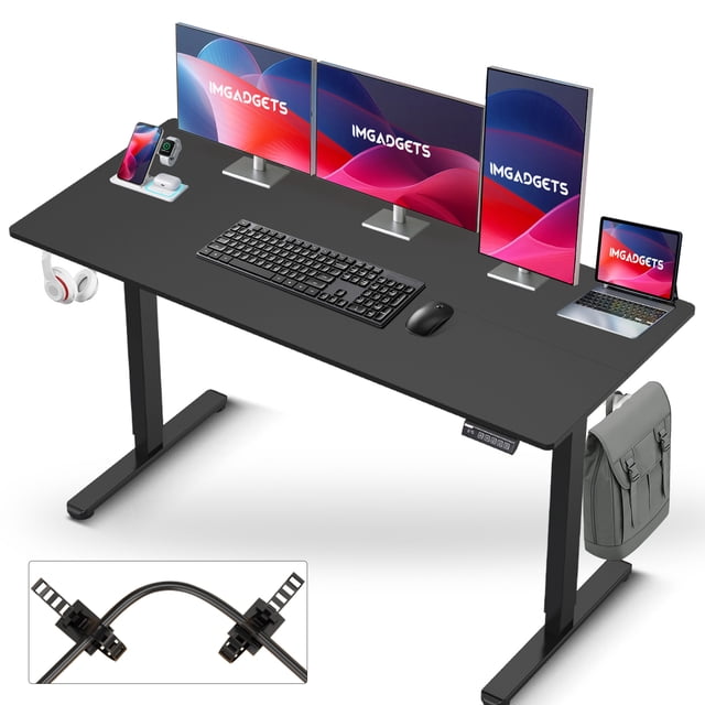 IMGadgets Bureau Debout Électrique Réglable avec Plateau Noir Laminé de 55 Pieds' x 24 Pieds', Idéal pour Être Utilisé comme Bureau d'Ordinateur Ou de Bureau. le Bureau Accueille Plusieurs Moniteurs, un Portable et des Accessoires, avec Crochets pour Écouteurs et Sacs. Il Présente un design Ergonomique Assis-Debout avec Réglages Électriques de Hauteur de 28 Pieds' à 47 Pieds', un Panneau de Commande avec Réglages de Hauteur Électriques, et un Cadre Robuste Pouvant Supporter jusqu'à 154 Lb. la surface Résistante aux Rayures et Imperméable Assure la Durabilité, Tandis