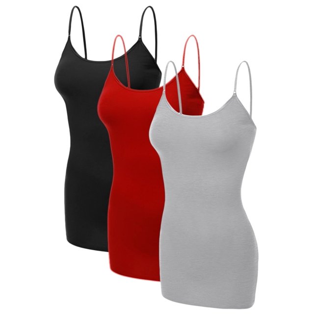 Emmalise Camisole Longue Basique Décontractée pour Femme à Bretelles Ajustables, Superposition, 2TG, Lot de 3 Noir, Gris, Rouge