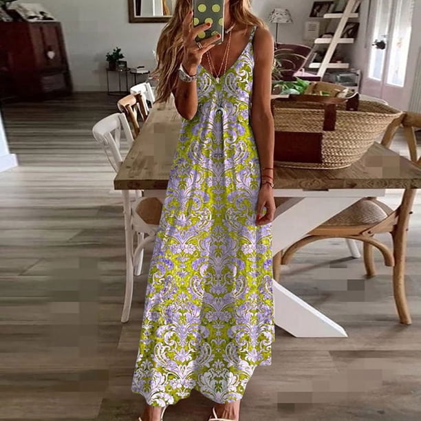 hawaiian homecoming dresses Sentmoon Sleeveless 2025 V Neck Womens Dresses Spring Floral Print Spaghetti Strap Dresses for Women Summer Trendy for Lounge at Home Yellow XXXXXL pattern_Velvet