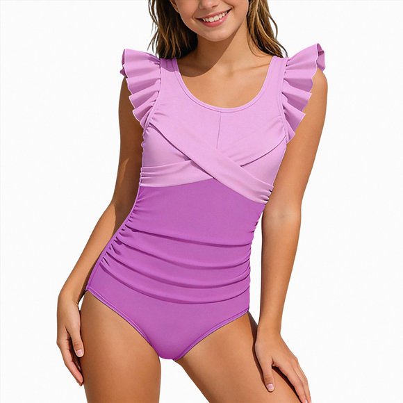 Gubotare Teen Swimsuits for Girls Children Girl's One-Piece Swimwear Surfing Swimsuit Square Neck Print Beachwear Size 13-14 (Purple,13-14 Years)