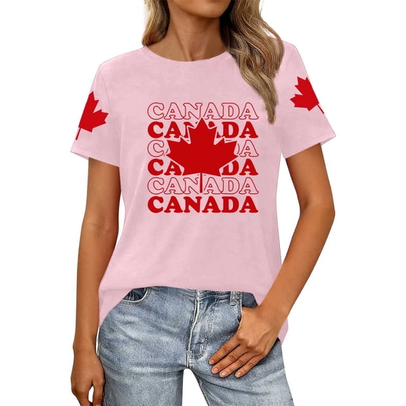 Fgnfyis Womens Tops Graphic T Shirt for Summer Casual Wear Comfortable Short Sleeve Round Neck Tee with Canada Day Patriotic Celebration Print T Shirts for Women Pink XL