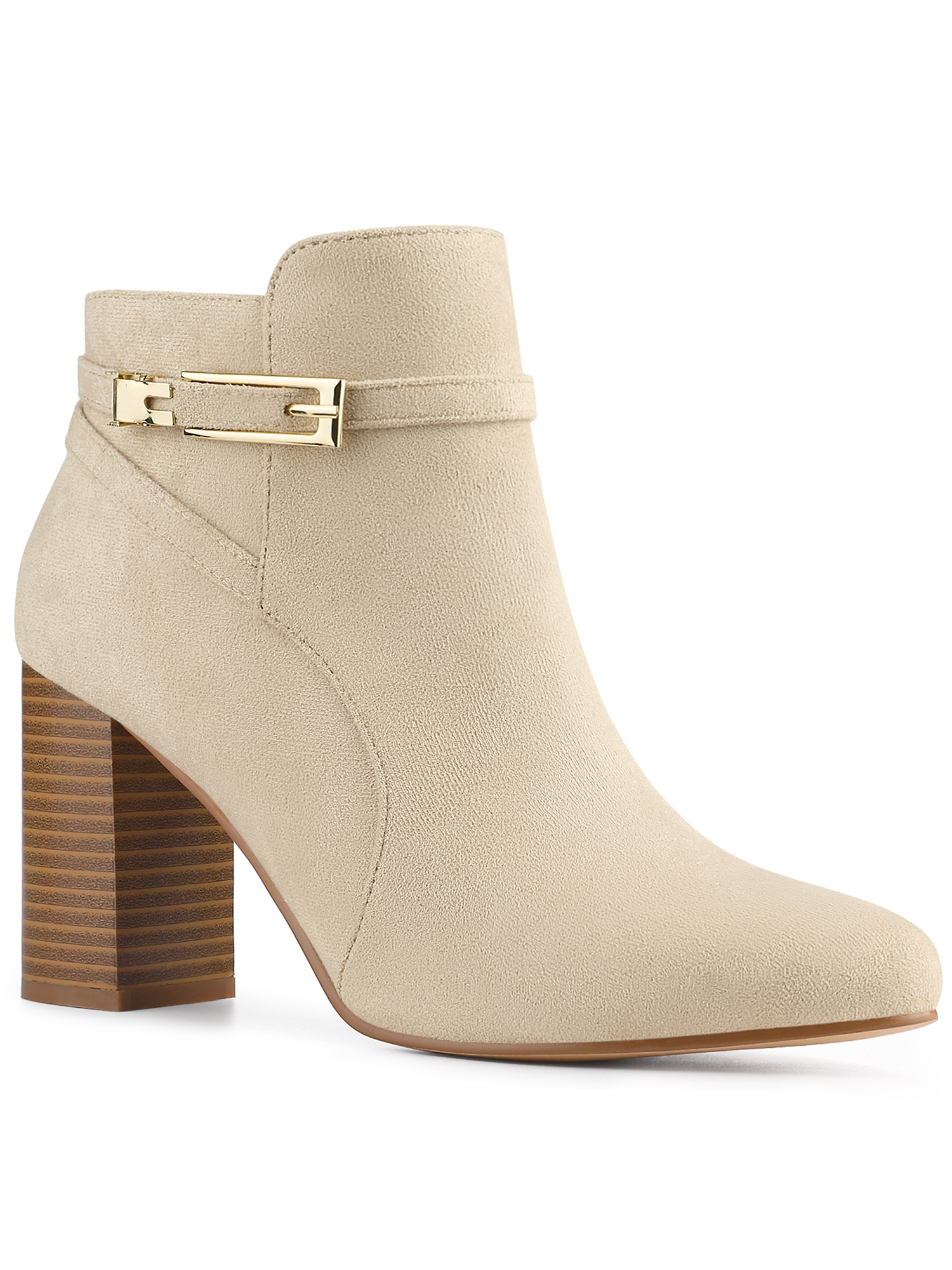 Unique Bargains Bottines à Talon Épais à Bout Rond avec Boucle pour Femme Beige US 8.5