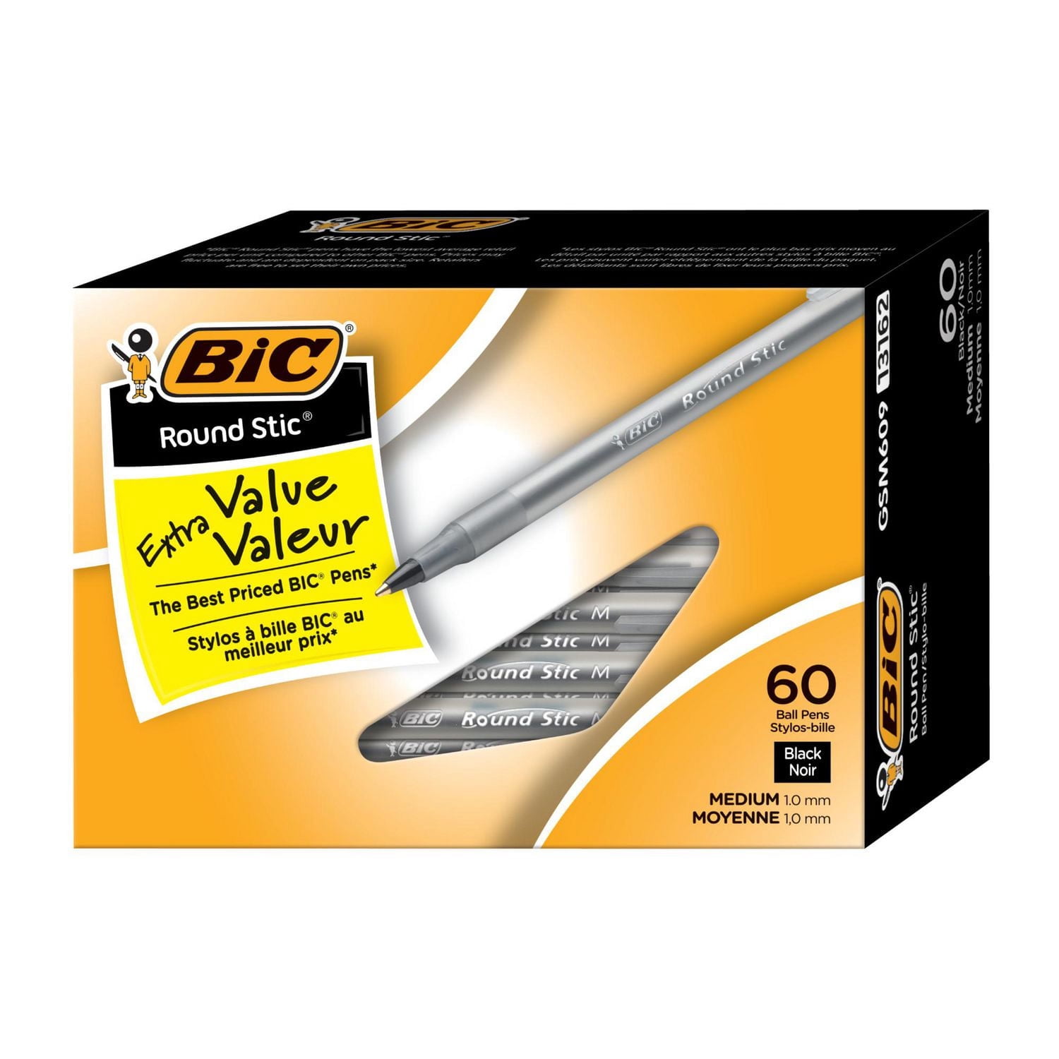 Stylos à bille BIC Round Stic Extra Value, pointe moyenne (1,0 mm), paquet de 60 stylos en vrac, baril rond flexible pour un confort d'écriture