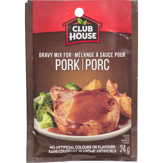 Club House Pork Gravy Mix 24g packet with brown and red packaging, featuring the Club House logo and bilingual text for pork gravy mix, showing a serving suggestion of pork chop with brown gravy, roasted potato wedges, and steamed broccoli on a white plate, free from artificial colours or flavours, suitable for enhancing pork dishes or as a versatile gravy base.