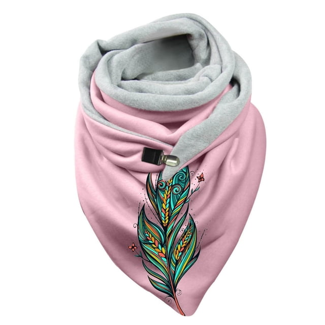 Women Feather Print Cotton Winter Warm Button Up Scarf