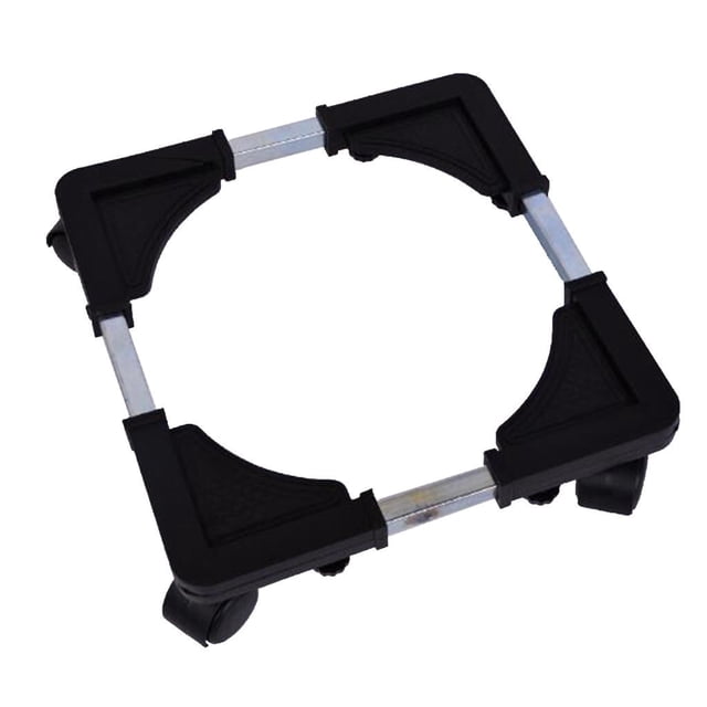 Rongfmy Base Mobile Universelle Support de Frigo Meuble Base Réglable avec une Capacité de Charge de 128 kg, Mesurant 32x32 cm. Comprend des bases Triangulaires en Plastique Noir Connectées par des tubes en Acier Inoxydable Ajustables, et Quatre Roues Pivotantes à 360 Degrés pour une Mobilité Facile. Idéal pour les Pièces de Réfrigérateur, Accessoires d'Appareils et Déménagement de mini Réfrigérateurs, machines à Laver Ou Armoires.