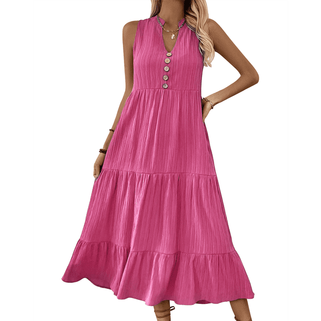 Robe Chemise Sans Manches d'Été 2025 pour Femmes Col en V Décontractée Midi Rose Rouge TG
