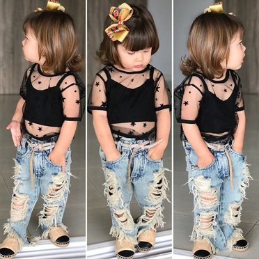 3Pcs Toddler Kids Baby Girls Clothes Sheer Top+ Vest Top +Ripped Jean Denim Pants Outfit Set