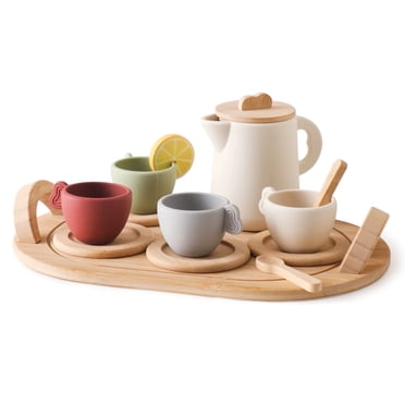 Kids' Natural Wood & BPA-Free Silicone Tea Party Set with Wooden Tray - Educational Role Play Toy for Imaginative Afternoon Tea, Includes Colorful Cups, Teapot, Spoon & Lemon Slices - Safe,