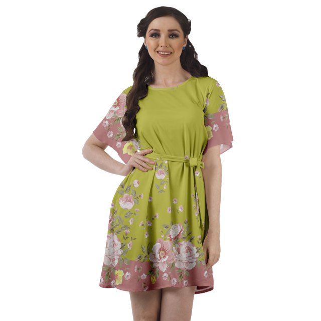 Moomaya Moss Georgette Bell Sleeves Short A-Line Printed Summer Dress For Women
