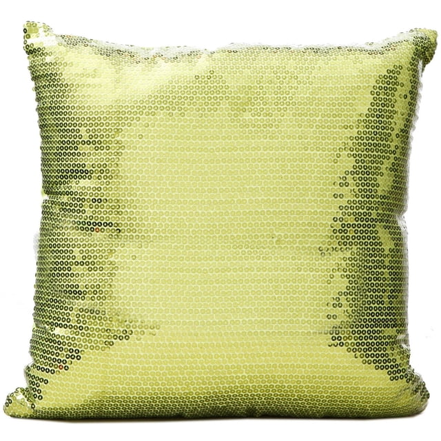 Gouchee Design Bling Cushion is a 16 by 16 inch decorative throw pillow with vivid yellow-green sequin embroidery on a polyester shell, filled with Canadian polyester fiber and featuring a zipper closure for easy washing, suitable for adding sparkle to home décor or as a comfortable accent pillow.