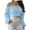 thumbnail image 3 of Woman's Strapless Long Sleevesolid Color Off Shoulder Ruched Lantern Sleeve Crop Tops,Summer Plus Size Loose Fitting Tops For Women Sale, 3 of 6