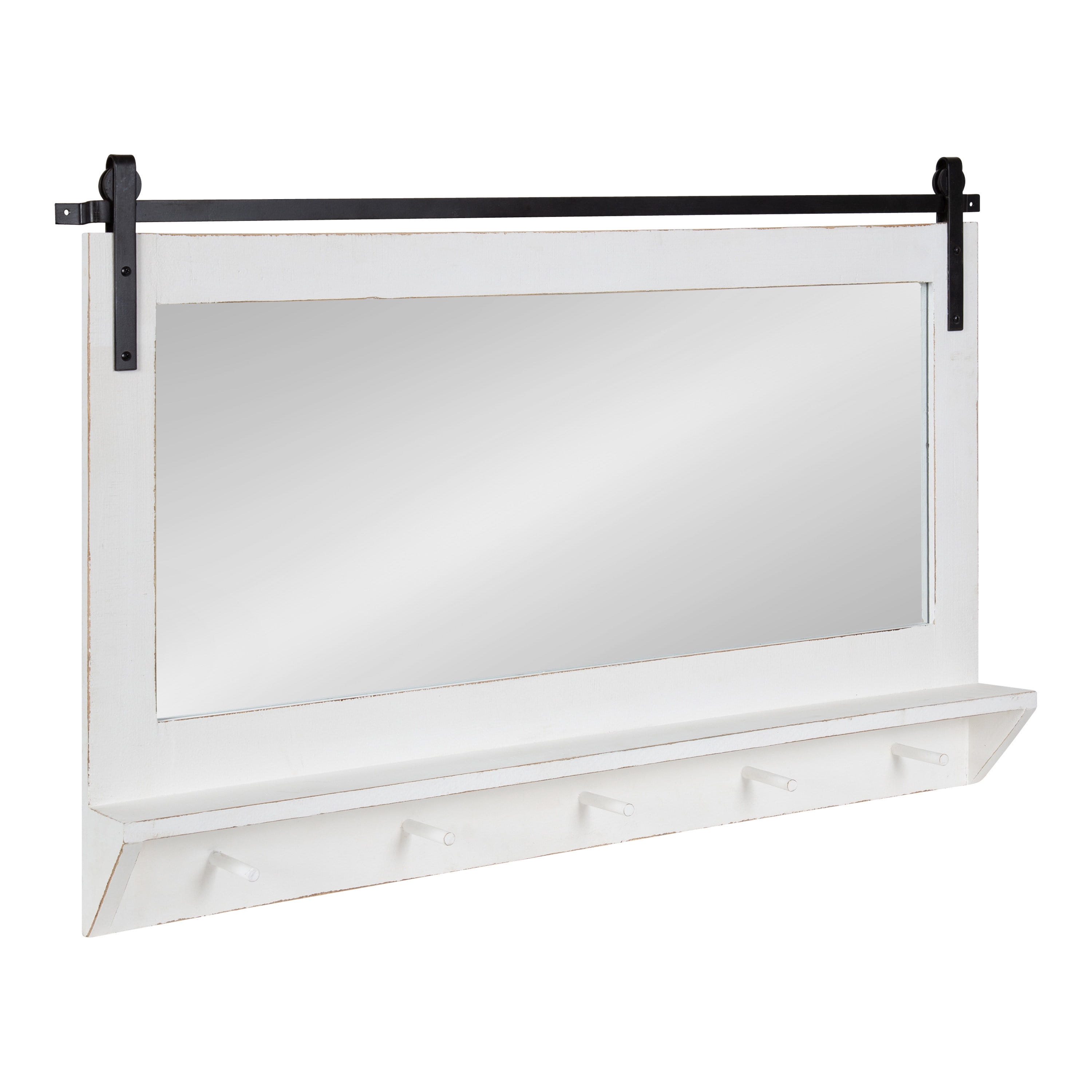 Kate and Laurel Cates Farmhouse Horizontal Pub Mirror with Shelf and Hooks, 42 x 27, White, Decorative Coastal Wall Mirror with Rustic Functional Storage