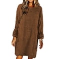 thumbnail image 1 of MAWCLOS Robes Mini pour Femmes Robe Chandail à Col Rond Chandail Uni Chandail Décontracté d'Hiver à Manches Longues Brun G, 1 of 2