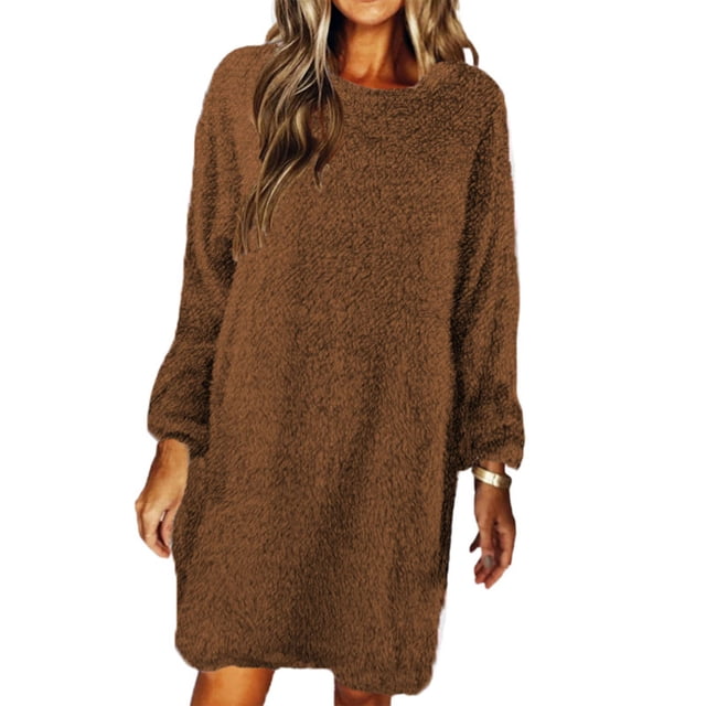 MAWCLOS Robes Mini pour Femmes Robe Chandail à Col Rond Chandail Uni Chandail Décontracté d'Hiver à Manches Longues Brun G