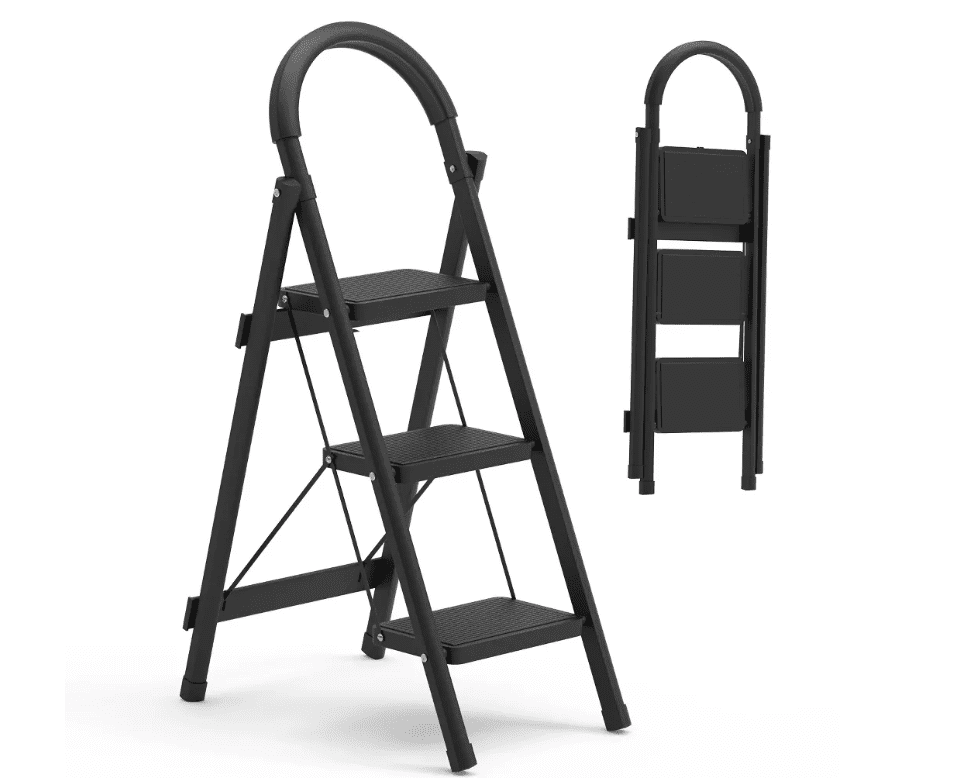 afeifafa-3-Step Foldable Ladder with Anti-Slip Pedals, Safety Lock, Soft Handgrip, 330LBS Capacity"Black