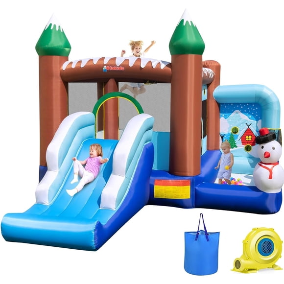 OLAKIDS Maison Gonflable à Rebond, Château de Saut pour Enfants à Thème Bonhomme de Neige avec Glissade, Fosse à Balles, Rebord de Basketball, Parcours d'Obstacles Gonflable Intérieur Extérieur avec Sac de Transport pour Souffleur 680W, Patchs de Réparation