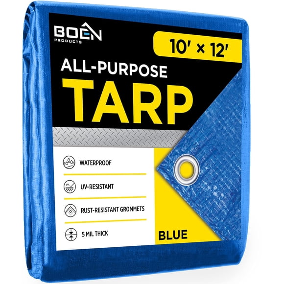 Multi-Purpose Large Tarp Waterproof Cover | Blue 10' x 12' 5 Mil Thick | Rip Proof Tarps | Thick Weave Material UV Resistant Great for Tarpaulin Canopy Tent Boat RV or Pool Cover