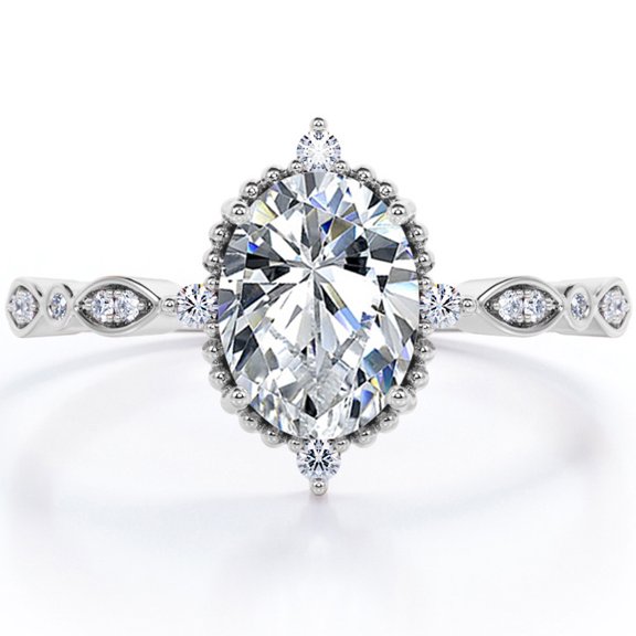 JeenMata Bague de Fiançailles Décorative Vintage à Serti Filigrané, Moissanite Ovale de 1,5 Carat, 5 Pierres, Milgrain, en Placage Or Blanc 18K pour Femmes
