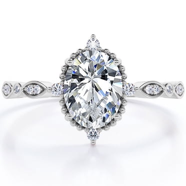 JeenMata Vintage Filigree Bezel 1.5 Carat Oval Shape Moissanite 5-Stone Milgrain Decorative Engagement Ring In 18K White Gold Plating for Women
