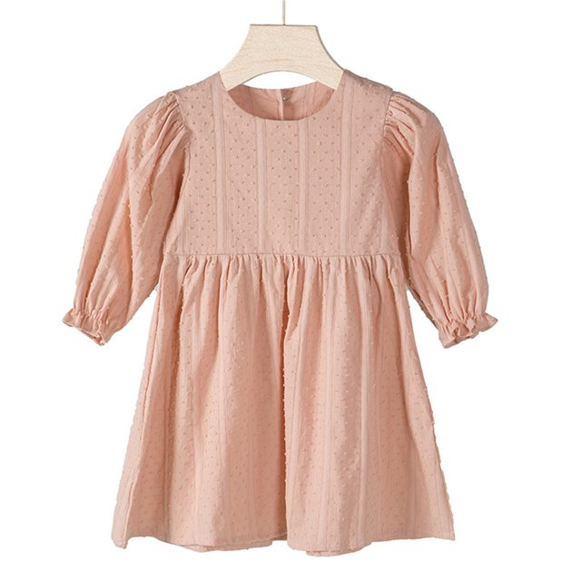 LOVZFMLL Spring And Summer Girls' Solid Color Long Sleeve Round Neck Dress Elegant And Sweet Versatile Girls' Lantern Sleeve Dress