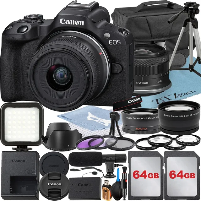Canon EOS R50 Appareil Photo Sans Miroir avec Objectif RF-S 18-45mm + Lot de 2 Cartes Mémoire 64 Go + Étui + Accessoire ZeeTech