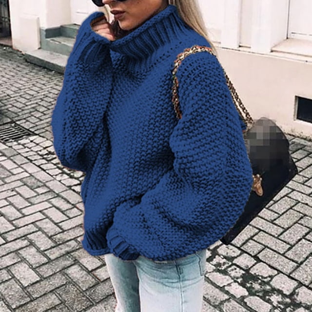 VgaVtl Long Sleeve Womens Sweater High Neck Pullover Chunky Womens Sweaters Fall Loose Thick Knit Blue Solid Color Sweaters
