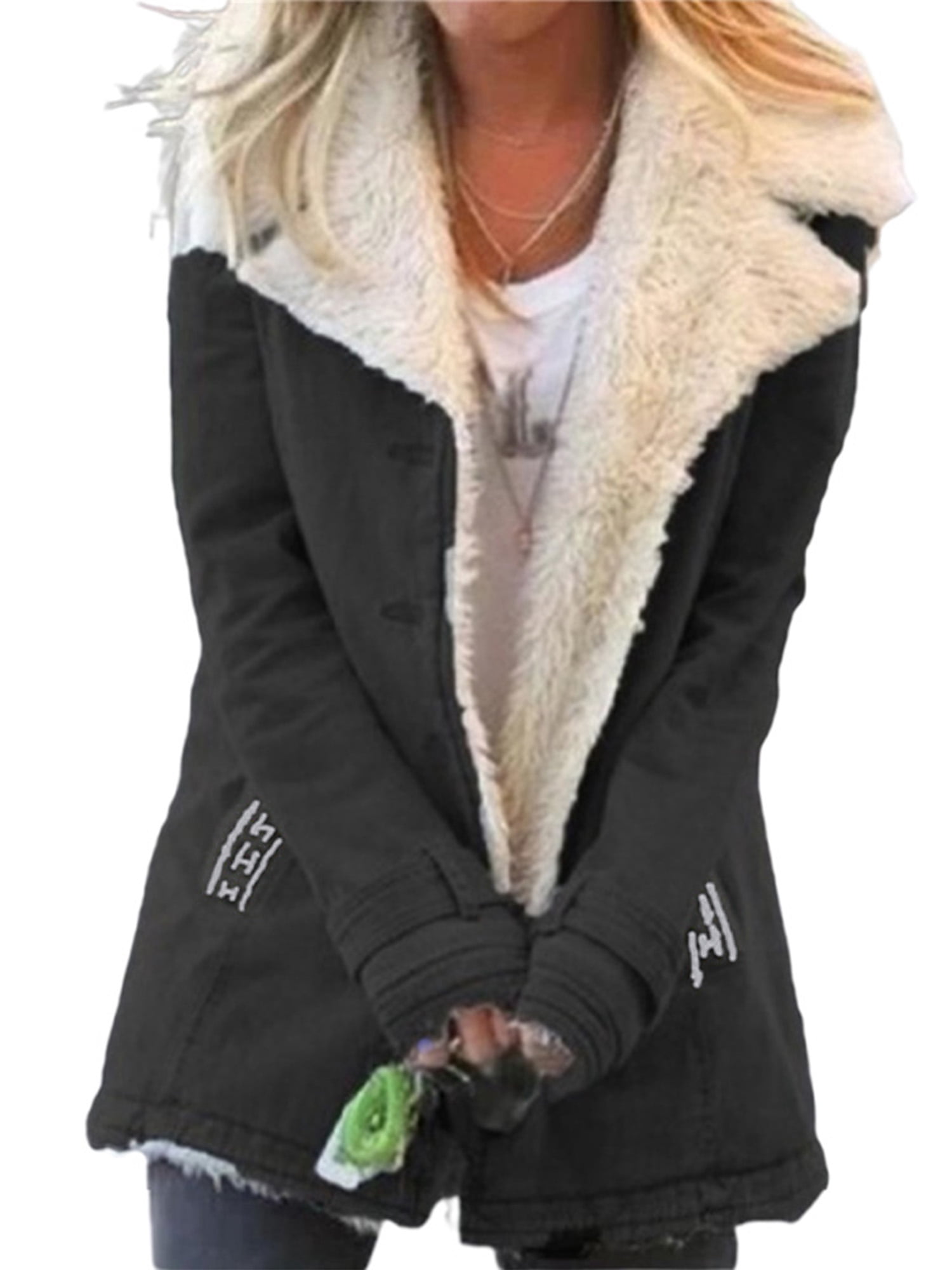Innerwin Jacket Long Sleeve Ladies Coat Winter Warm Solid Color Thicken Plush Overcoats Black L
