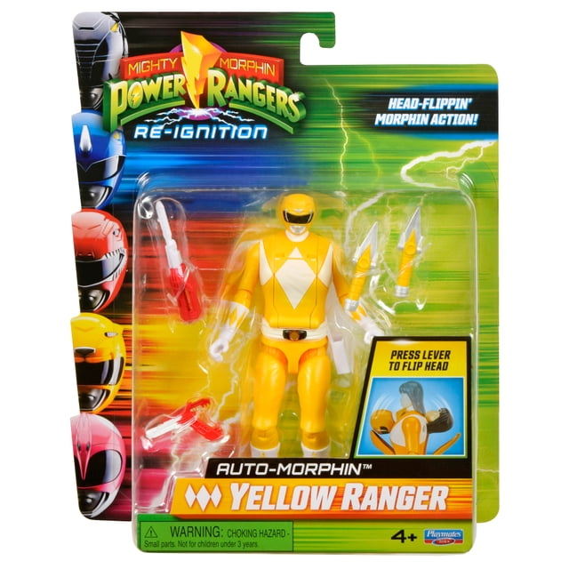 Mighty Morphin Power Rangers : Rallumage - Figurine Articulée Ranger Jaune Auto-Morphin par Playmates Toys, une Figurine Articulée Jaune avec Motif de Poitrine en Diamant Blanc et Casque, Comprend Deux Armes Jaunes et Argentées plus un blaster Rouge et Blanc, Comprend un Levier Arrière pour Retourner la Tête pour l'Action de morphing, Montré dans l'Emballage d'Origine avec la Marque Colorée Power Rangers.