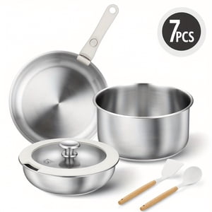Bamboohart 10pcs/7pcs Ensemble de casseroles et de pots en acier inoxydable Kit de cuisine Ensemble de vaisselle en acier inox Ensemble de poêles et pots avec poignée amovible Prêt à induction