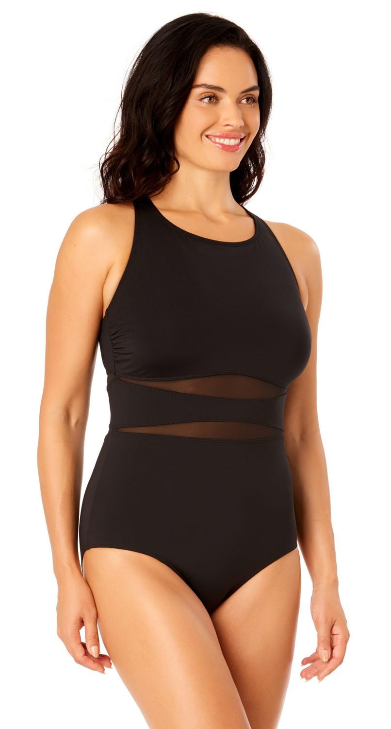 Lands' End Women's Size S-XXL Nylon Spandex High Neck One-Piece Swimsuit with Mesh Detail