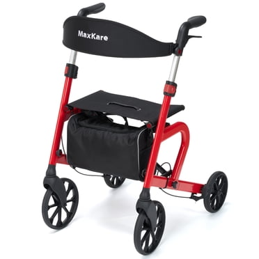 MaxKare Rollator Walker with 10” All Terrain Wheels, 8 Level Adjustable Handle, Foldable Walkers for Seniors with Seat & Backrest, Red