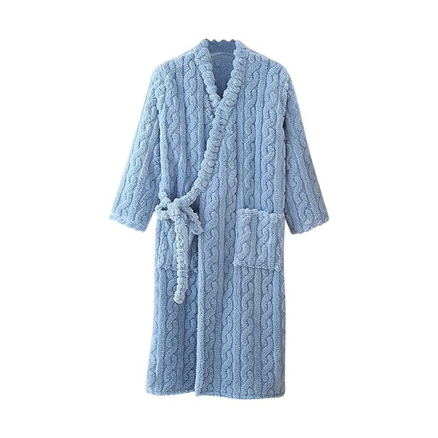 Timegard Bathrobe for Women Fuzzy Button down V Neck Robe Fleece Warm Long Sleeve Pajamas with Pockets. This light blue bathrobe features a textured cable-knit pattern, a V-neckline, long sleeves, and a button-down front. It includes a matching belt and two front pockets for added convenience. Made from a soft and breathable fabric blend of cotton, polyester, and spandex, it offers comfort and warmth for all seasons. Suitable for lounging, sleeping, or casual wear at home.