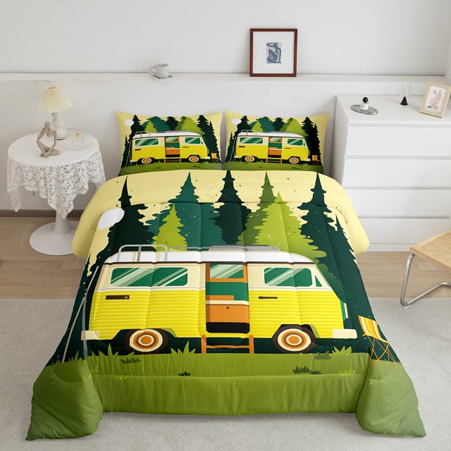 Erosebridal Lodge Cabin Comforter Sets King Size, Yellow RV Car Comforters & Duvets, Happy Camping Decor, Reversible
