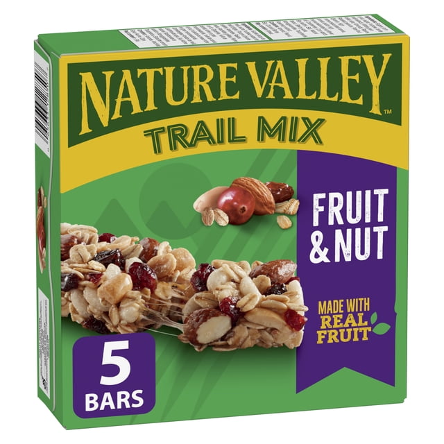 Nature Valley Chewy Trail Mix Granola Bars, Fruit and Nut, 5 count box showing two chewy granola bars with almonds, peanuts, dried cranberries, and raisins on a green and yellow package with purple label highlighting real fruit content, suitable for quick energy and on-the-go snacking.