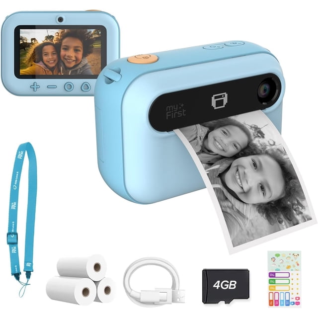 Nouveau myFirst Camera Insta 20 (Bleu) Appareil Photo Numérique Instantané pour Enfants avec photos 16MP et Vidéo 1080P, Doté d'Une Impression Thermique Sans Encre de photos Noir et Blanc, d'Un Objectif selfie, d'Un Écran Pixel OLED avec Boutons de Contrôle, d'Une Dragonne Bleue, de Trois Rouleaux de Papier Thermique, d'Un Câble de Chargement USB, d'Une Carte MicroSD 4 Go et d'Autocollants Décoratifs.