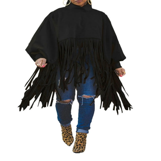Womens Turtleneck Fringe Tops Solid Color Batwing Sleeve Plus Size Poncho Oversized Tassel Sweatshirt
