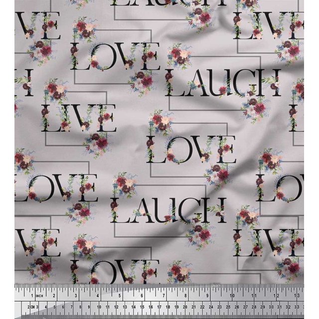 Soimoi polyester Crepe Fabric Floral Love Text Printed Fabric 1 Yard 52 Inch Wide