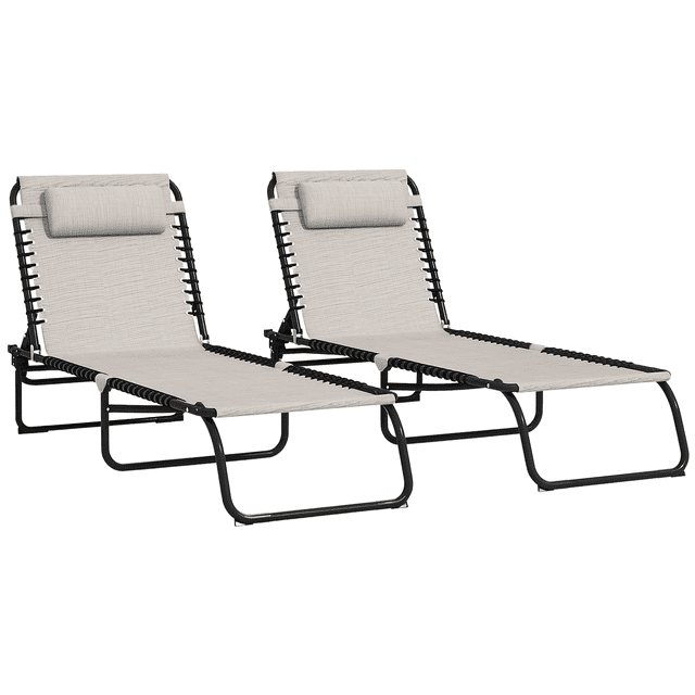 Outsunny 2 PCs Lounge Chairs, Chaise Lounges with Headrest in cream white. This set includes two reclining outdoor chaise lounges with adjustable backrests offering 4 positions for customized comfort. Made with a powder-coated steel frame and breathable mesh fabric, these chairs are lightweight, foldable, and portable, ideal for camping, poolside, or beach use. Each chair features a removable padded headrest and an ergonomic design with elastic rope suspension for added support. Dimensions: 74.4 inches long, 22.8 inches wide, and 11.8 inches high when open. Weight capacity: 265 lbs per chair.