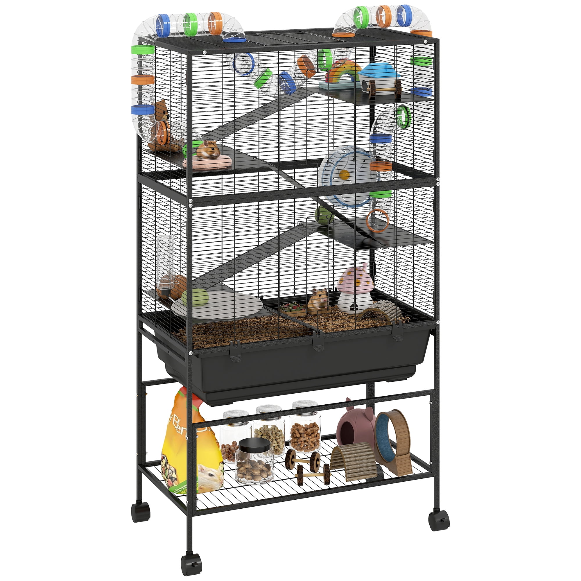PawHut Large Hamster Cage, 5 Tier Rolling Gerbil Cage with Storage Shelf