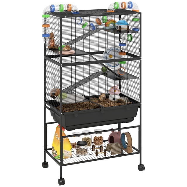 PawHut Grande Cage pour Hamster, Cage Roulante à 5 Niveaux pour Gerbille avec Tablette de Rangement