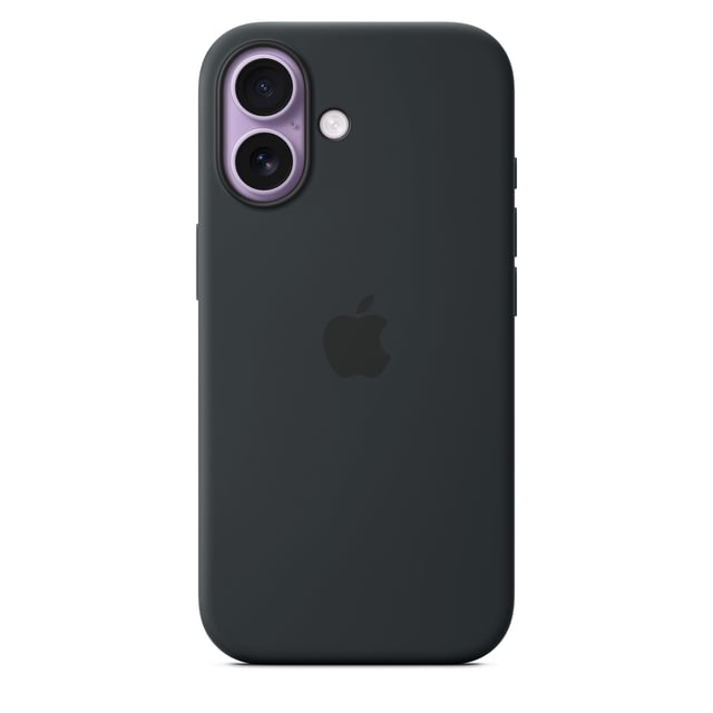 iPhone 17 Silicone Case with MagSafe in black, showing a centered rear view with a soft-touch matte finish, purple dual-camera ring, and embossed Apple logo, made with 45% recycled silicone, compatible with MagSafe wireless charging and crossbody strap attachment for hands-free convenience.