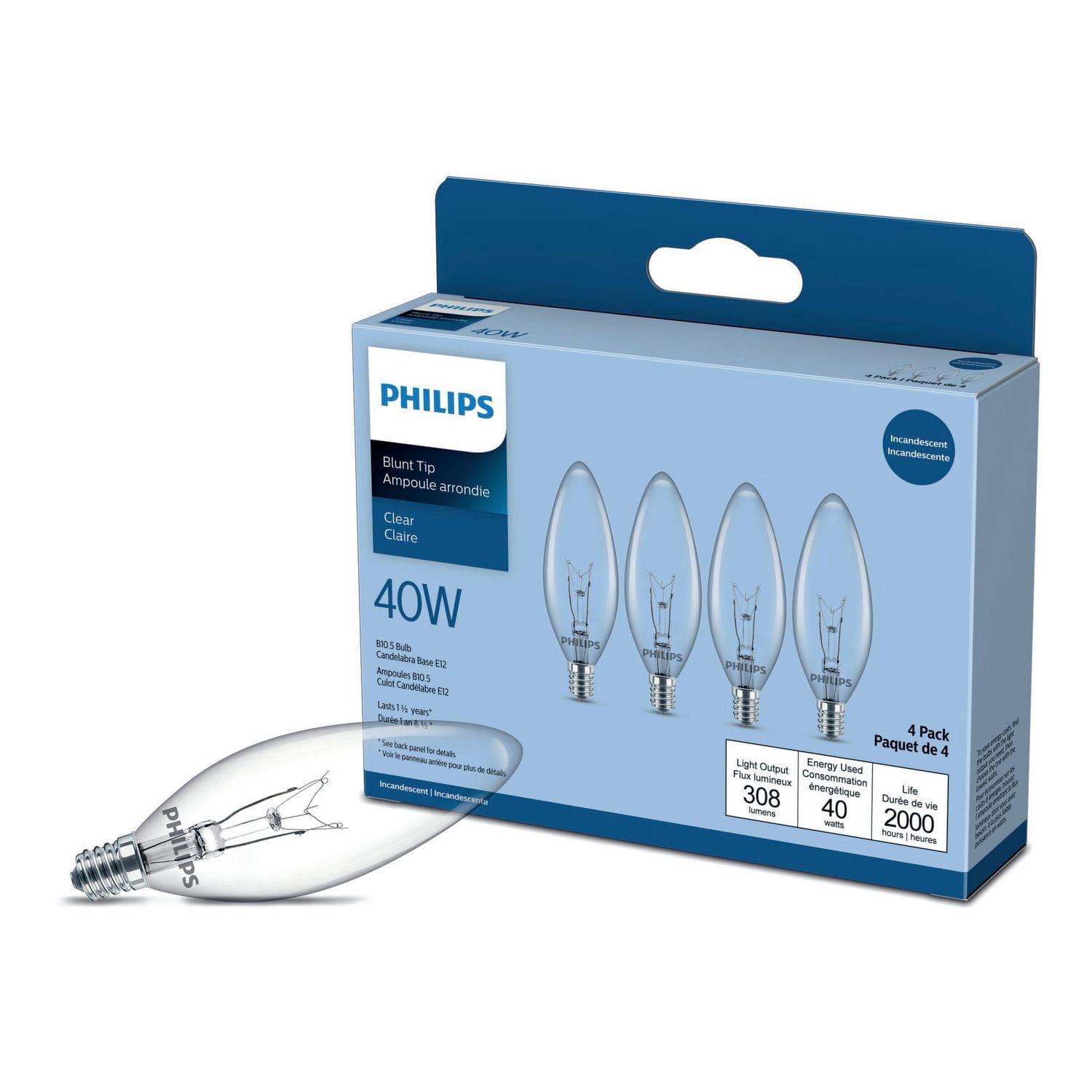 PHILIPS ampoules B10 de 40 W à culot candélabre pour chandelier - Paquet de 4