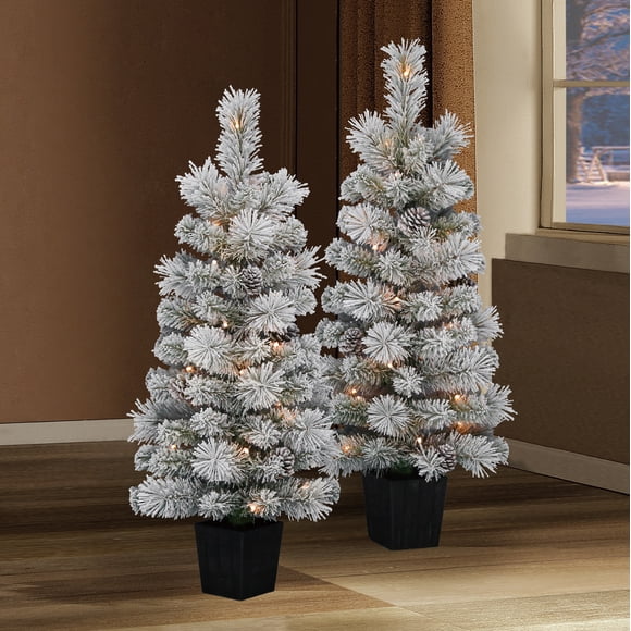 Holiday Time 3FT Set of 2 Flocked Potted Christmas Trees with Pinecone, 60 Lights