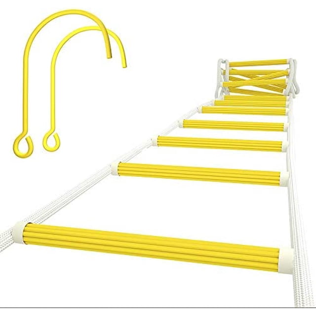 ISOP Rope Ladder Fire Escape Use, a 25 ft retractable safety rope ladder with yellow resin rungs and white rope sides, designed for emergency exits from 2-5 story buildings. Includes heavy-duty carabiners and hooks for secure attachment. Lightweight, compact, and flame-resistant, supporting up to 2000 lbs. Suitable for home, school, or office use.
