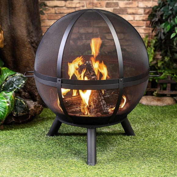 Deko Living 34 Inch Diameter Outdoor Steel Wood Burning Sphere Fire Pit with Screen Lid and Poker