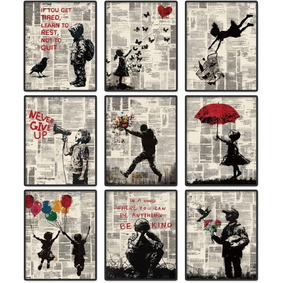 9 Pack Unframed Waterproof Banksy Canvas Wall Art Decor Inspirational Quotes Never Give Up Not to Quit 8 x 10 Inch Canvas Wall Poster for Home Office Classroom Bedroom Living Room Decor