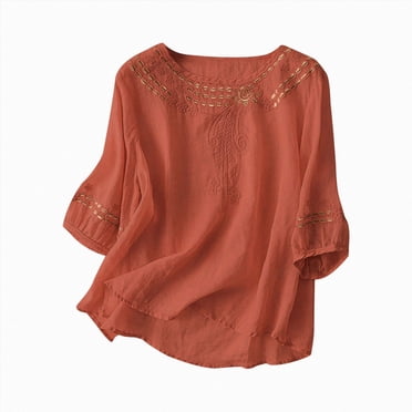 WUANDIXFA 3/4 Sleeve Tops for Women Linen Shirts for Women Retro Embroidery Summer Loose 3/4 Sleeve Tshirts Tunic Tops Casual Blouses Boho Clothes,Orange,M