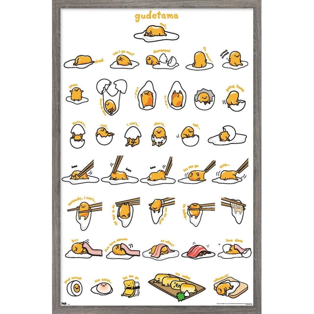 Gudetama - Affiche Murale à Carreaux, 14,725 Pouces x 22,375 Pouces art Mural Encadré Montrant Plusieurs Petites images de Dessin Animé du Personnage Oeuf Paresseux Gudetama en Diverses poses sur Fond Blanc avec un Cadre en Bois Clair. l'Affiche à Fini Satiné Convient à la Déco de la Maison, aux Dortoirs, aux Bureaux, et Est Souvent Utilisée comme Cadeau pour les Anniversaires Ou les Pendaisons de Crémaillère.
